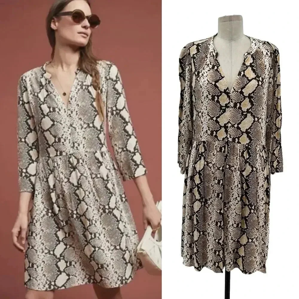 Anthropologie Neutral Snake Print V-Neck Long Sleeve Dress